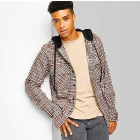 ORIGINAL USE Plaid Long Sleeve Button Down Hoodie - Picture 1 of 7